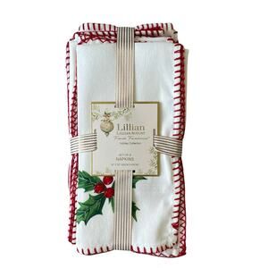 Lillian August Holly Berry Christmas Dinner Napkins Set of 8 Embroidered 18x18
